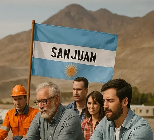 Proveedores mineros con una bandera de Argentina en un entorno minero 