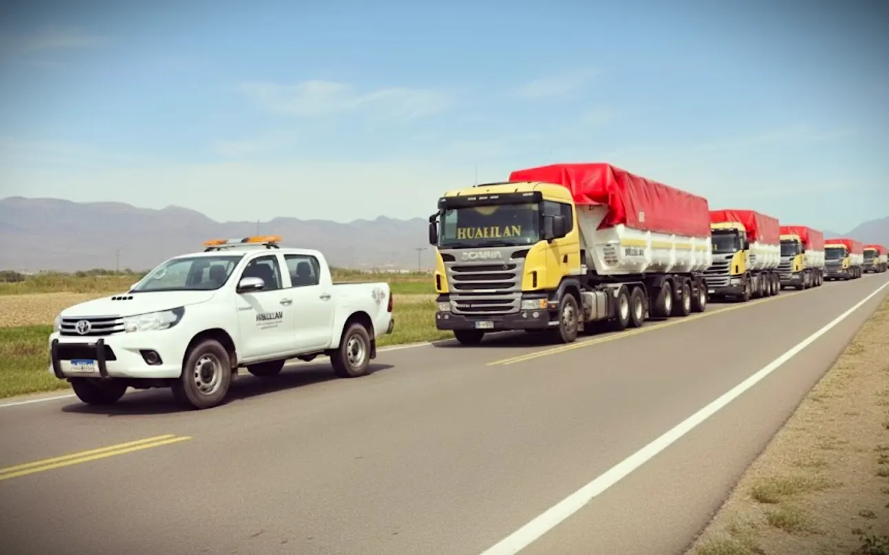 Imagen representativa de un convoy de camiones trasladando material por la ruta