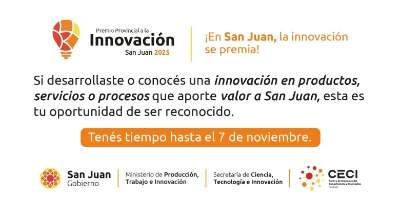 Flyer promocional del Premio Provincial a la Innovación 2025, mostrando el logo oficial, información de contacto y categorías de participación.