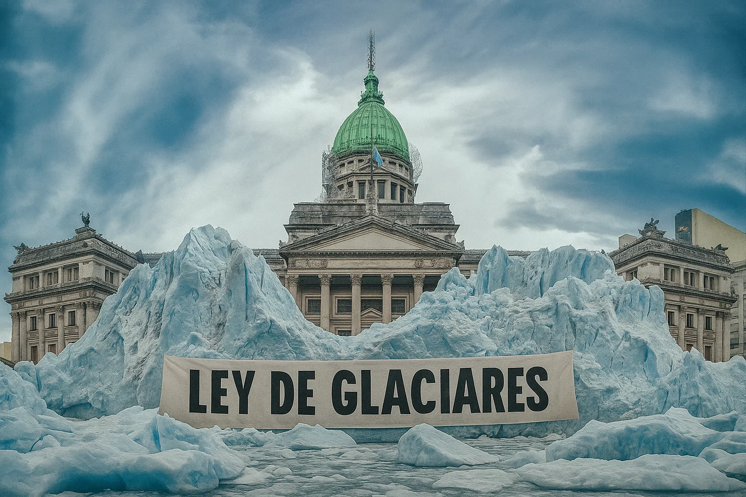 Imagen del Congreso de la Nación Argentino con glaciares en el frente