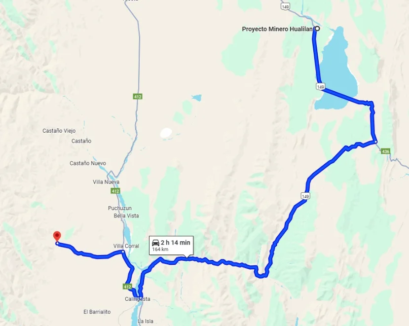 Mapa de la ruta que conectará la mina Hualilán en Ullum con la planta de procesamiento Casposo en Calingasta, San Juan.
