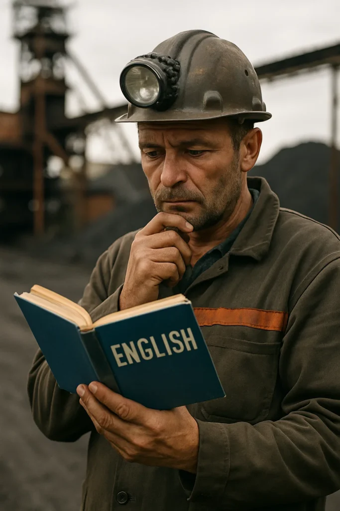 Contenido Original de ACERO Y ROCA - Prohibida su reproducción Minero estudiando inglés con un libro. Contenido Original de ACERO Y ROCA - Prohibida su reproducción