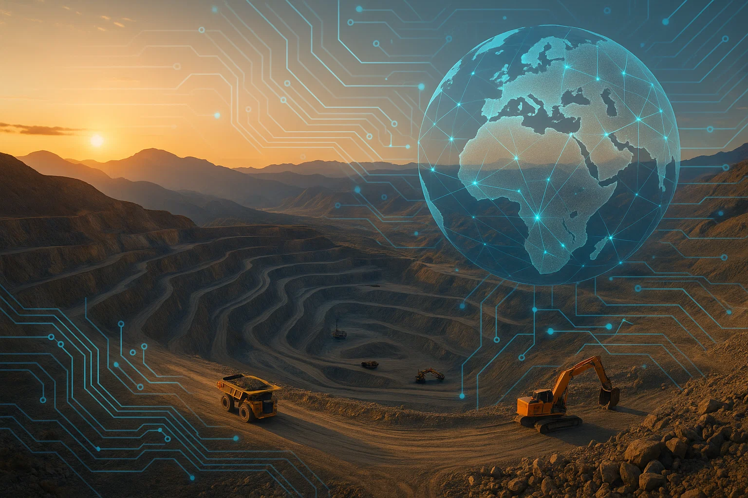 Vista aérea de una operación minera a cielo abierto (mina rajo abierto) ilustrando el impacto de la inteligencia artificial en la industria.