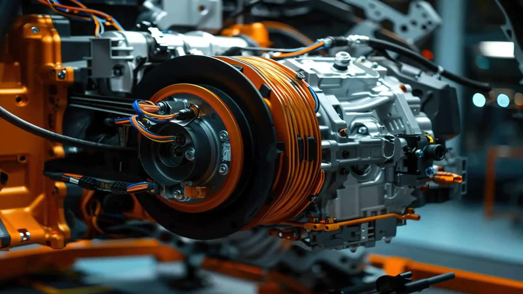 Primer plano del cableado de cobre en el motor de un vehículo eléctrico.