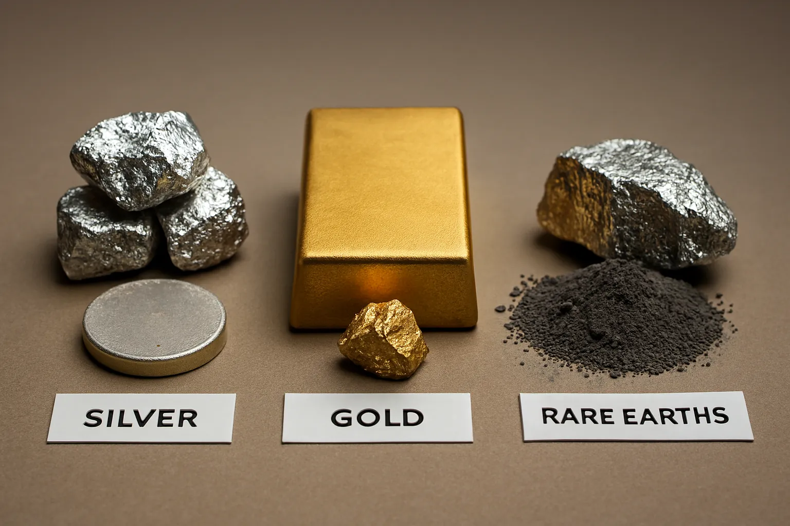 Muestras de oro, plata y minerales críticos