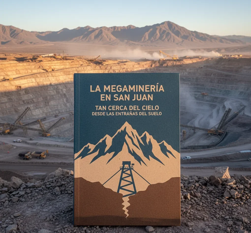 Portada del libro "La megaminería en San Juan. Tan cerca del cielo desde las entrañas del suelo" del IISE-UNSJ, mostrando un yacimiento minero.