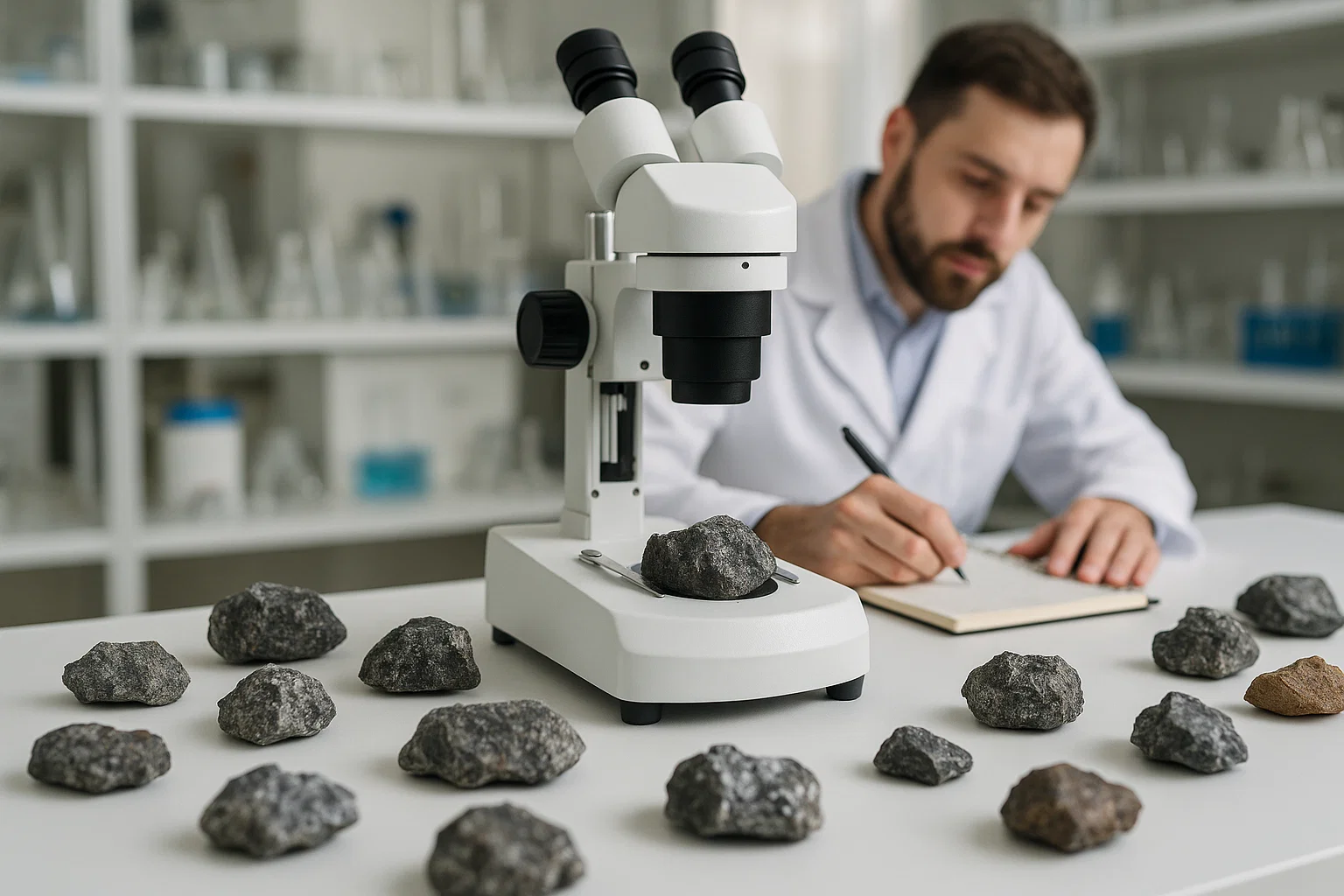 Equipamiento de laboratorio realizando observación magnética de minerales con una lupa binocular.