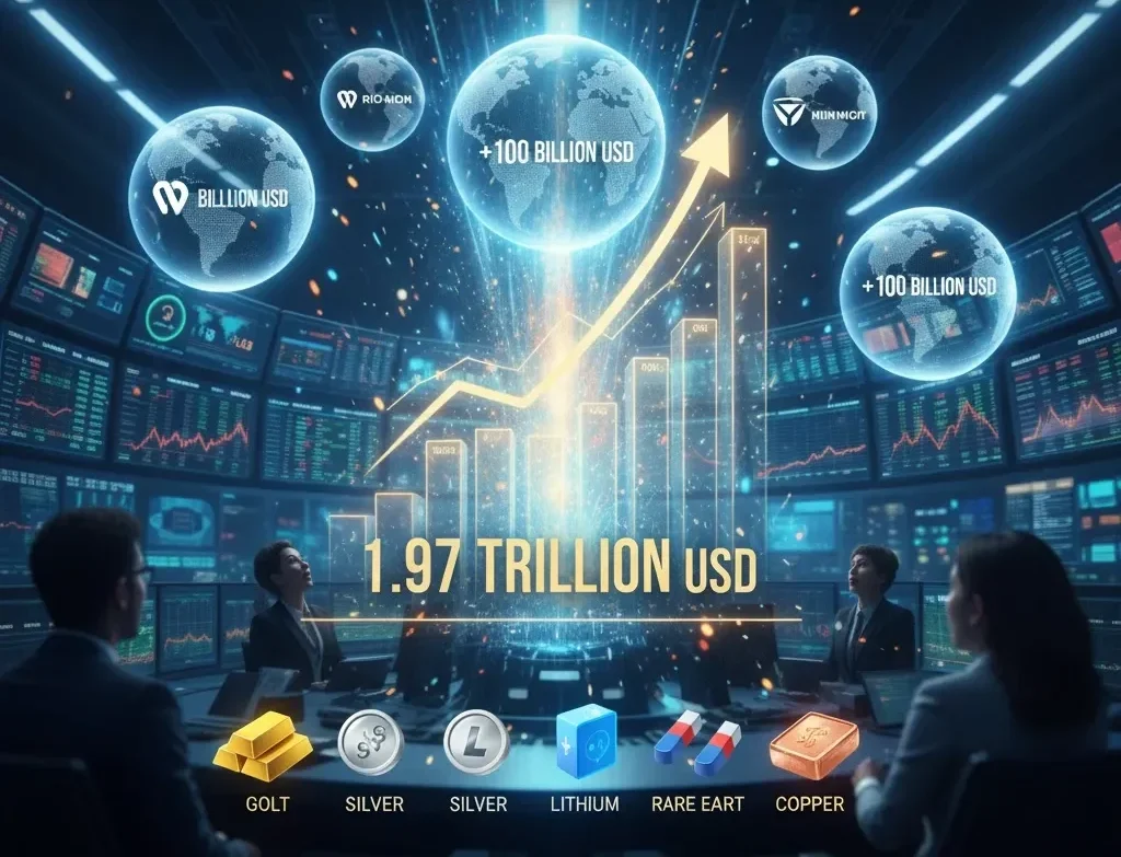 Gráfico bursátil digital con tendencia alcista, mostrando esferas terrestres y logotipos de mineras (BHP, Rio Tinto, Newmont) sobre la cifra "1.97 Trillion USD". En la base, lingotes de oro, plata, litio, tierras raras y cobre.
