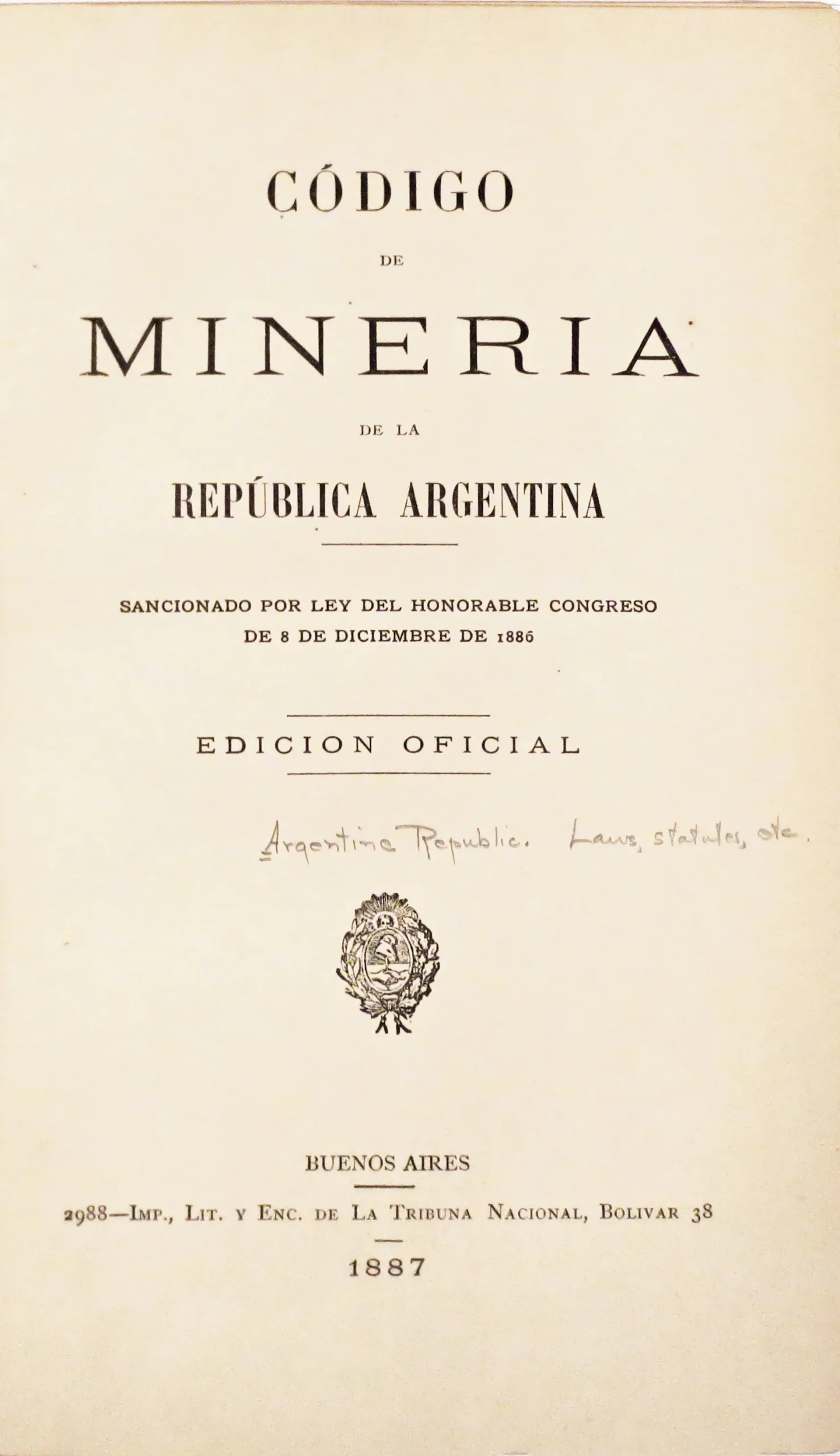 Portada del Código de Minería de 1887