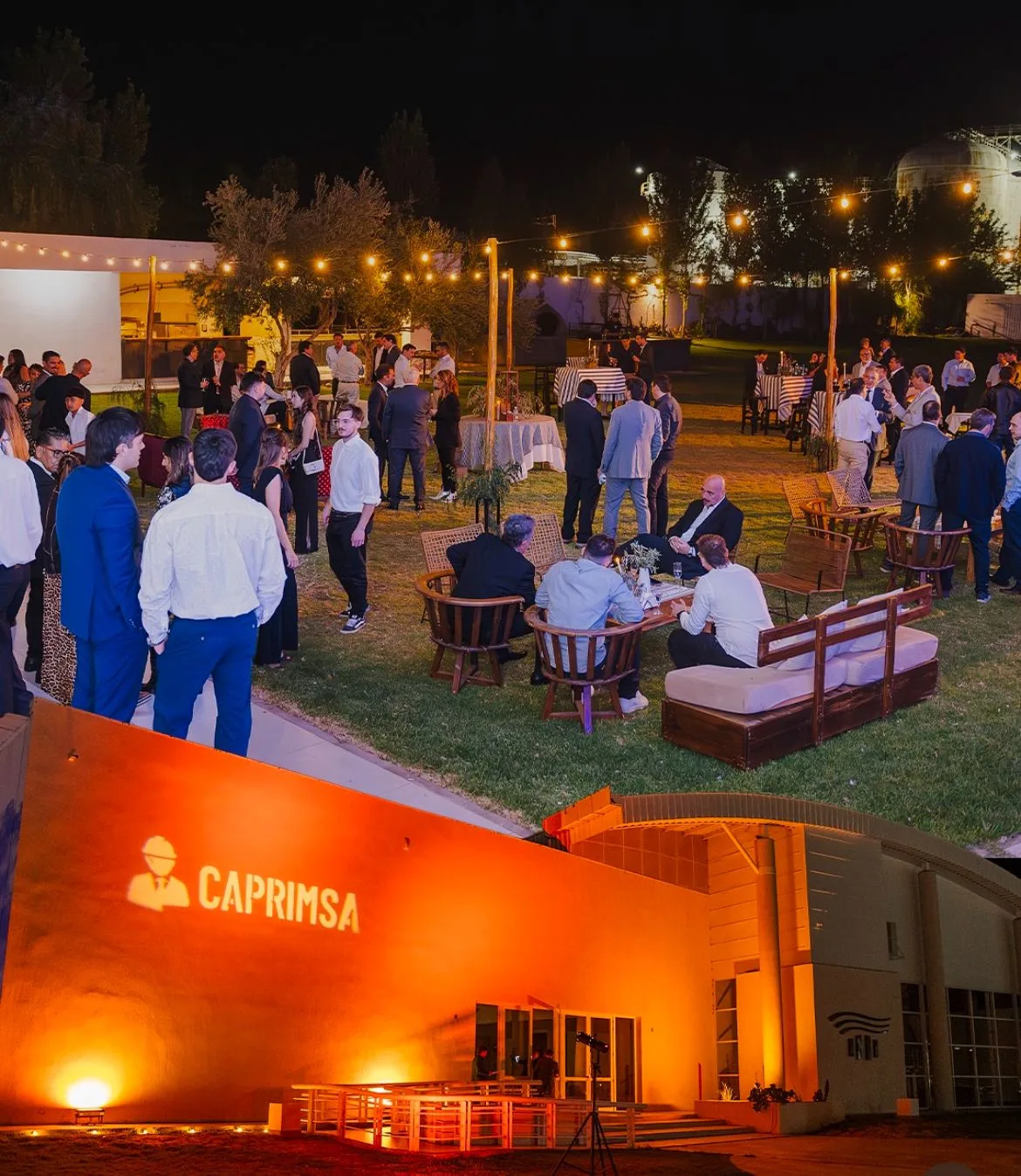  Grupo de personas brindando y conversando animadamente en un evento formal, representando la Noche CAPRIMSA.