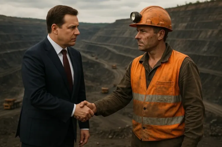 Personas y maquinaria minera de fondo, representando la integración de comunidades en el diálogo minero.