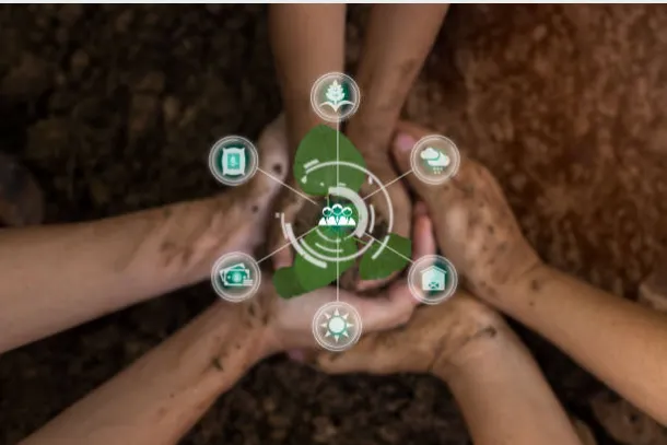 Representación de un ecosistema socioambiental, con elementos naturales y humanos interconectados, clave para la gestión de la licencia social en minería.