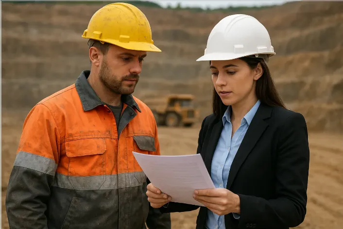 Mujer hablando con un minero en plena operación minera