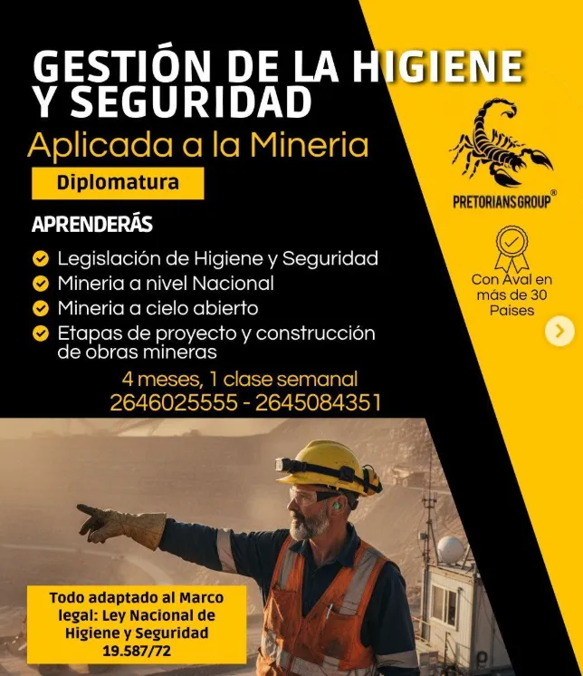 Diseño de flyer de la diplomatura en gestión de higiene y seguridad aplicada a la minería, impulsando el empleo en San Juan.
