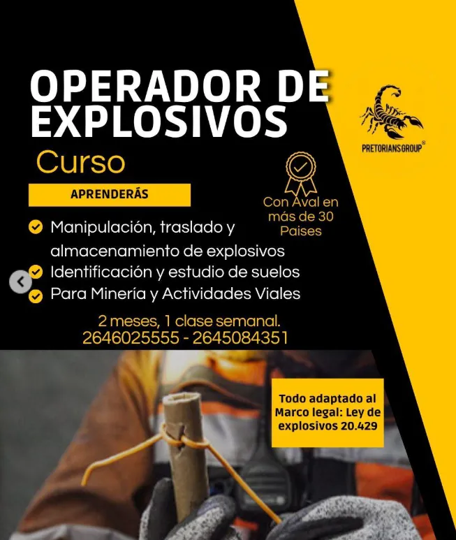 Diseño de flyer del curso de operador de explosivos, una capacitación específica para la minería en San Juan con alto potencial de empleo.