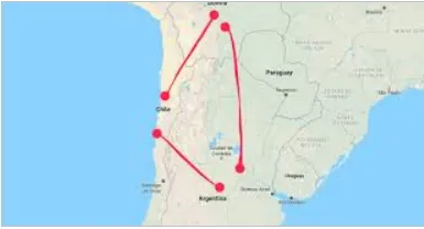 Mapa que destaca el Triángulo del Litio, marcando las ubicaciones de Argentina, Chile y Bolivia, países clave para la producción de litio.