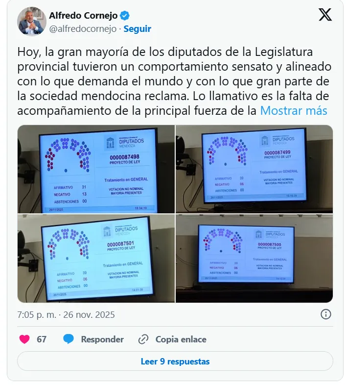 Captura de pantalla de un posteo en la red social X del gobernador de Mendoza, Alfredo Cornejo, celebrando la ley minera.
