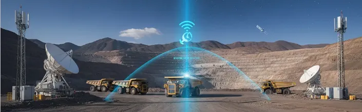 Antenas satelitales en una mina a cielo abierto con camiones autónomos. Representa la conectividad de datos en tiempo real y telemetría para operaciones mineras remotas.