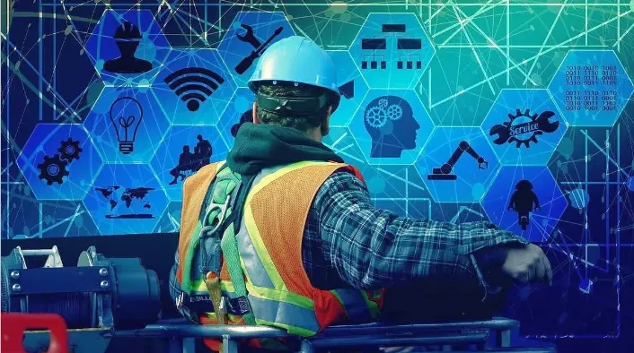 Representación gráfica de la Inteligencia Artificial (IA) aplicada a la minería, con iconos que simbolizan eficiencia, seguridad y análisis de datos.