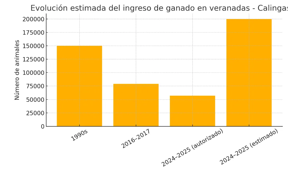 Gráfico comparando cifras oficiales de 57.000 animales versus históricas de 200.000 de las Veranadas Chile.