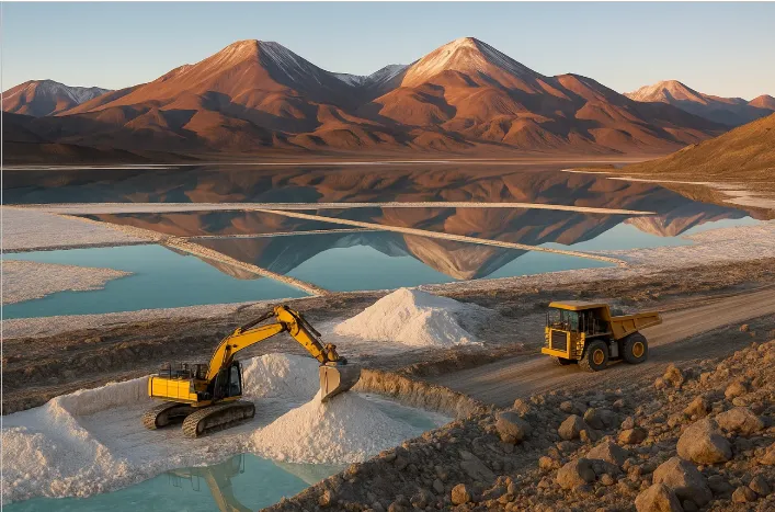 Vista aérea de una mina de litio en Argentina, mostrando las pozas de evaporación características de la extracción de este mineral crítico.