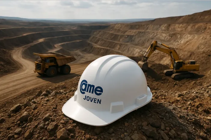 Casco con el logo de CAME joven en un entorno minero, simbolizando la fuerza emprendedora de la juventud argentina en la minería.