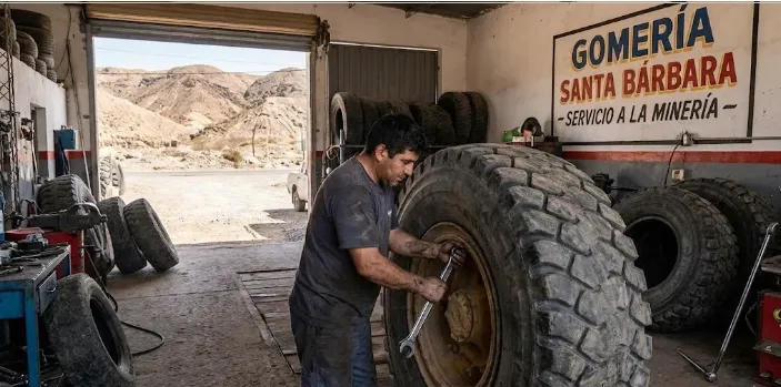 Una gomería local en Ullum, San Juan, prestando servicio a la minería. Un trabajador repara un neumático de gran porte.Proveedores mineros Ullum San Juan: Gomería local prestando servicio a la minería, fortaleciendo la cadena de valor.