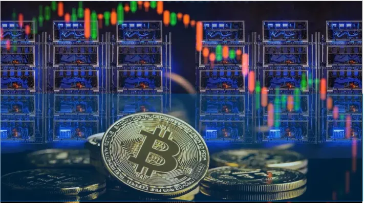 Representación visual de la minería de criptomonedas, con gráficos digitales y elementos que evocan la conexión de hardware y energía.