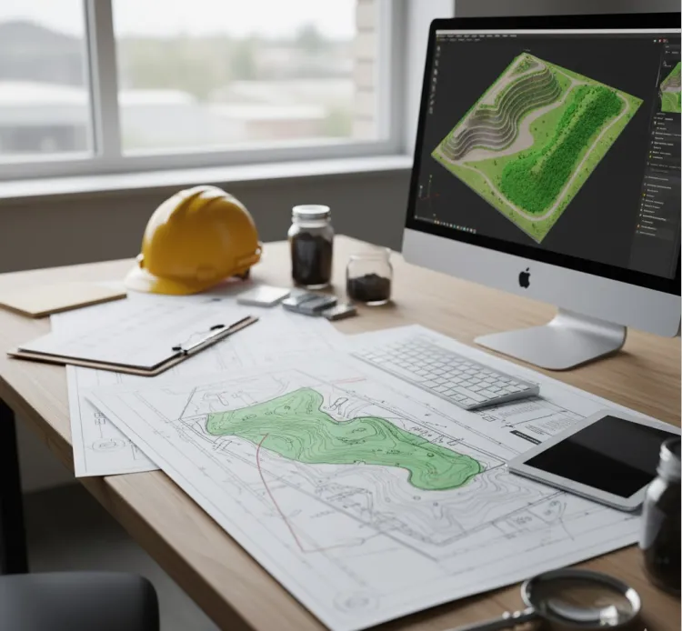 Escritorio con computadora, planos y casco. El proyecto de Ley de Cierre de Minas exige un Plan de Cierre al inicio de la explotación junto al Informe de Impacto Ambiental.