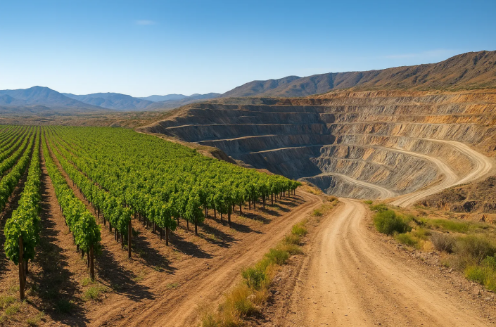 Paisaje de viñedos con montañas al fondo, representando la coexistencia de la vitivinicultura y la minería en San Juan o Mendoza.
