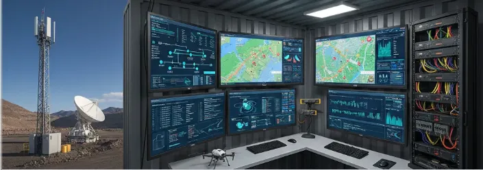Centro de control de mina con pantallas de monitoreo, integrando videovigilancia y telemetría. Ilustra la seguridad y eficiencia de las redes privadas 4G LTE en operaciones mineras.