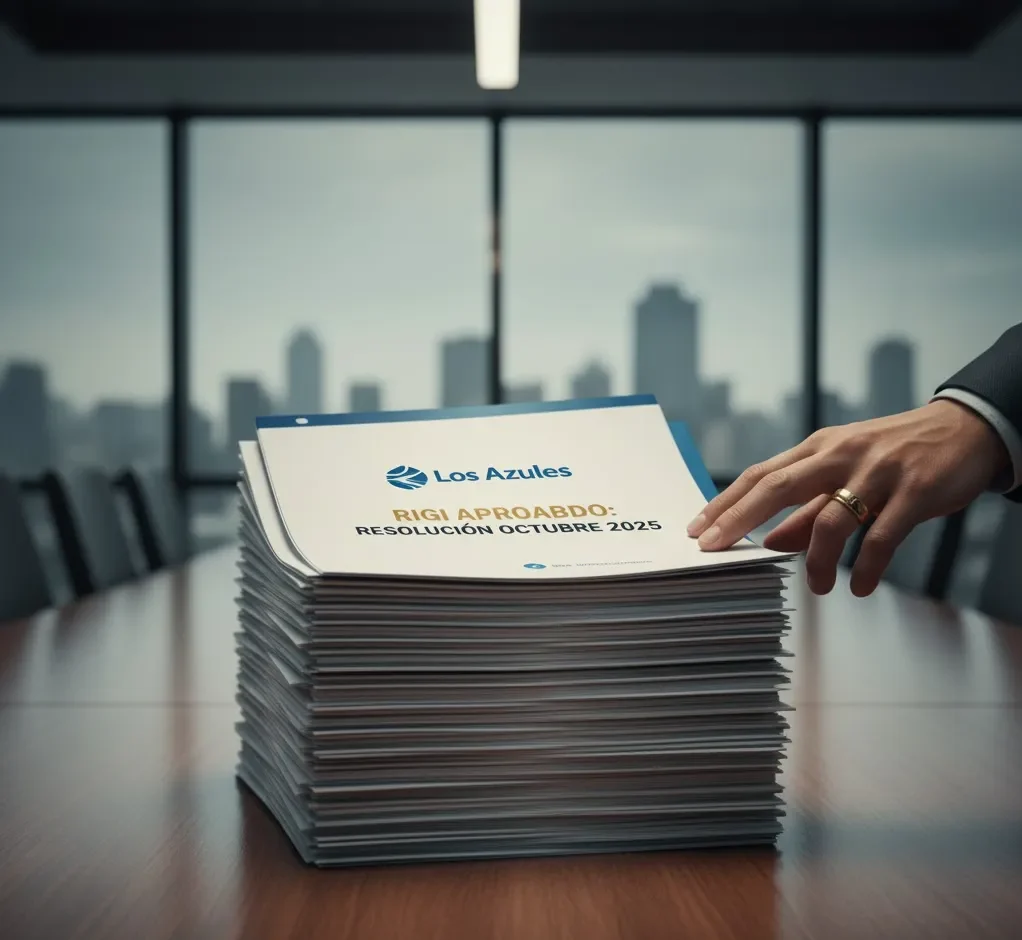 Imagen representativa de una mesa con expedientes de Los Azules con el sello de RIGI APROBADO