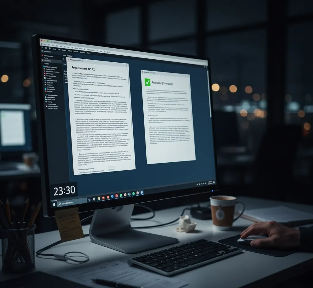 Imagen representativa. Persona trabajando en una computadora, en la pantalla se ven documentos 