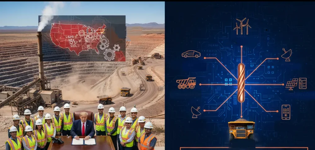 Donald Trump firmando un documento, con trabajadores mineros de fondo, en un entorno de mina de cobre.