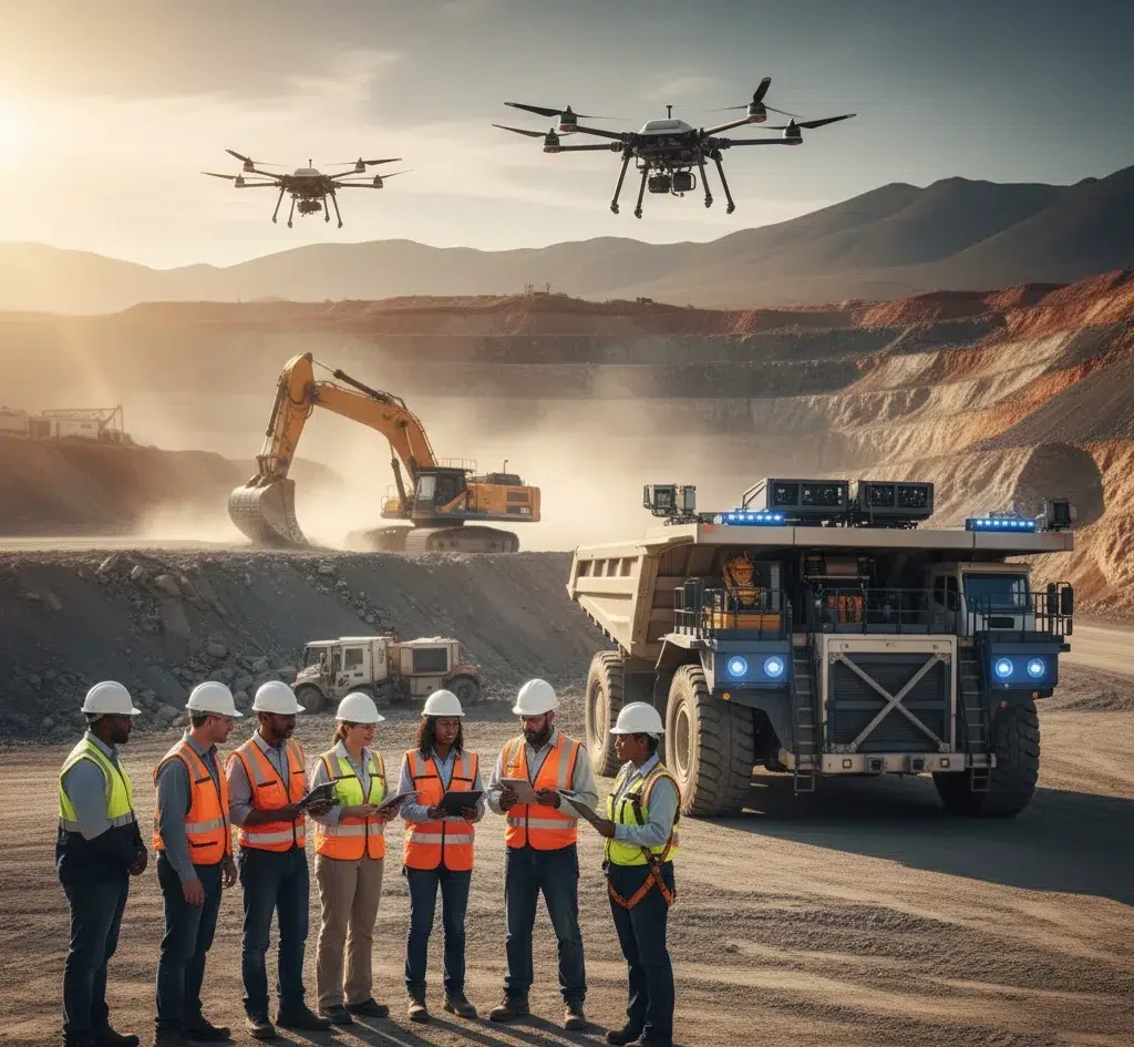 Ilustración o gráfico que muestra las diversas aplicaciones de drones en diferentes fases de un proyecto minero.