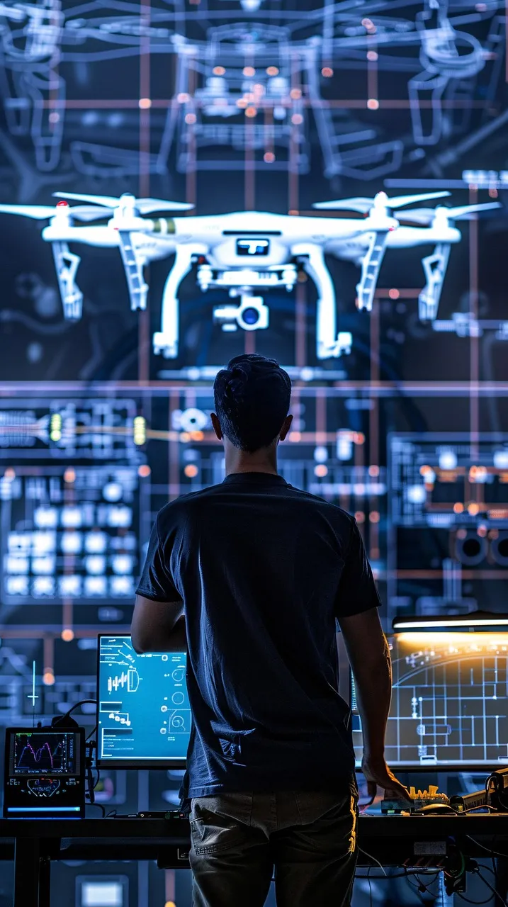 Representación futurista de una torre de control monitoreando vuelos de drones y datos en un entorno minero.