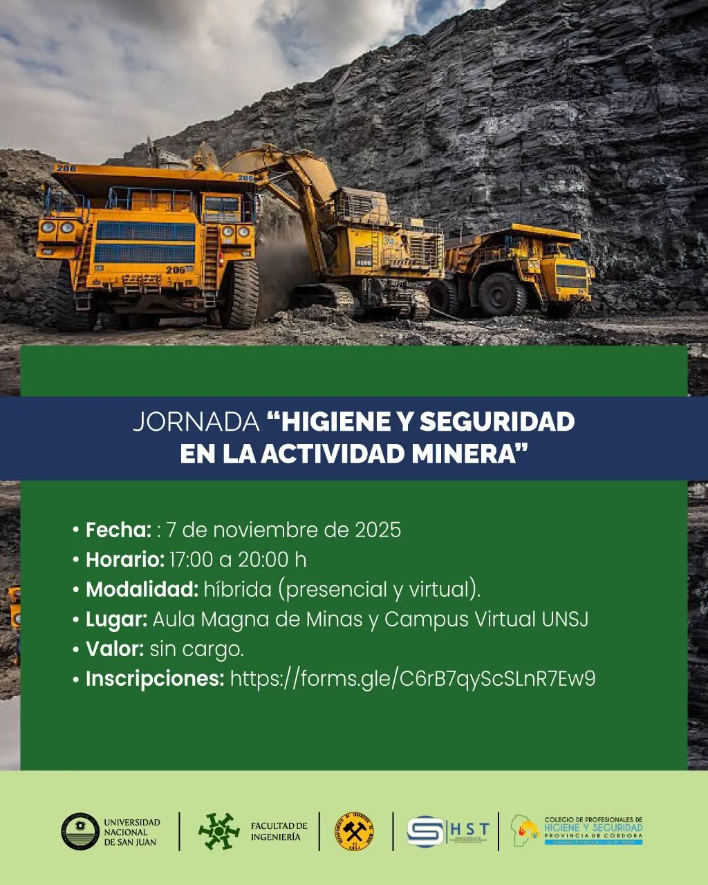 Flyer informativo del evento de seguridad minera de la UNSJ, detallando fecha, horario, lugar y enlace de inscripción.