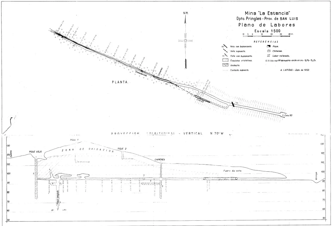 Plano de labores históricas de la mina La Estancia, clave para la restauración minera.