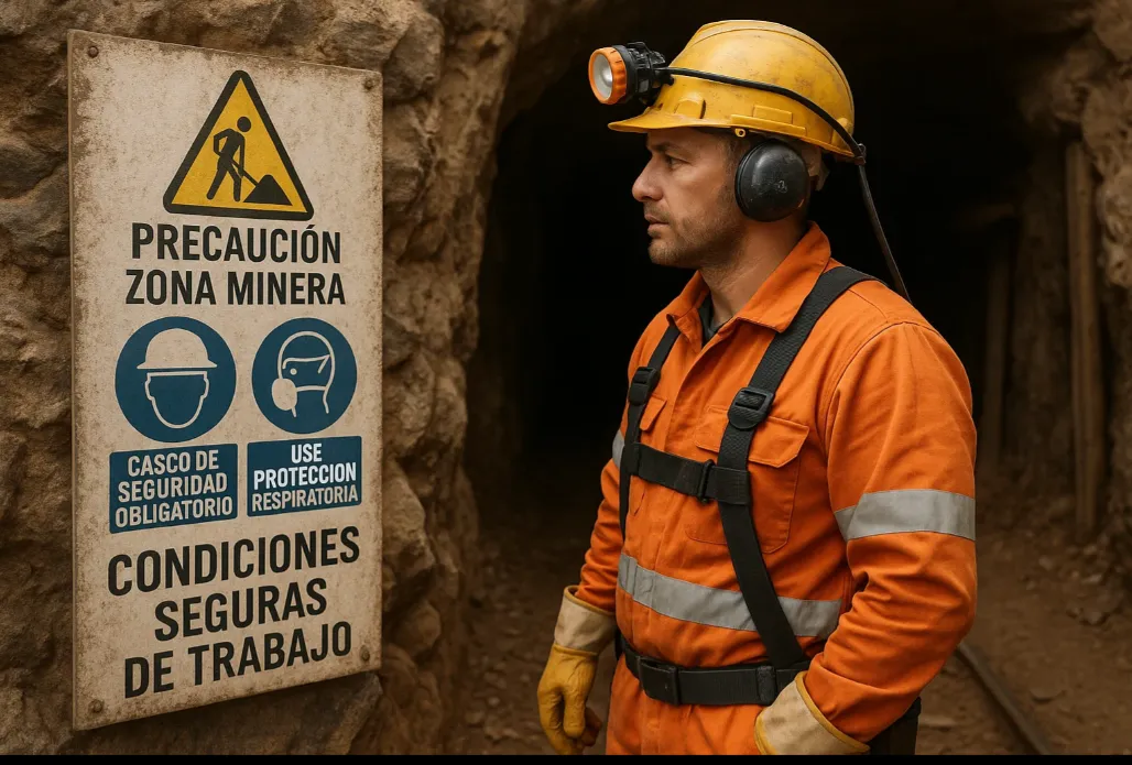Minero observando un cartel sobre seguridad minera, en un entorno de trabajo.