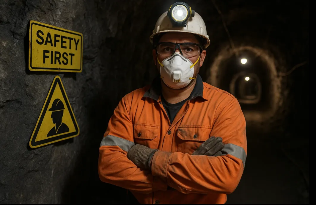 Imagen representativa de un minero en la puerat de una mina cerrada con señalética de seguridad