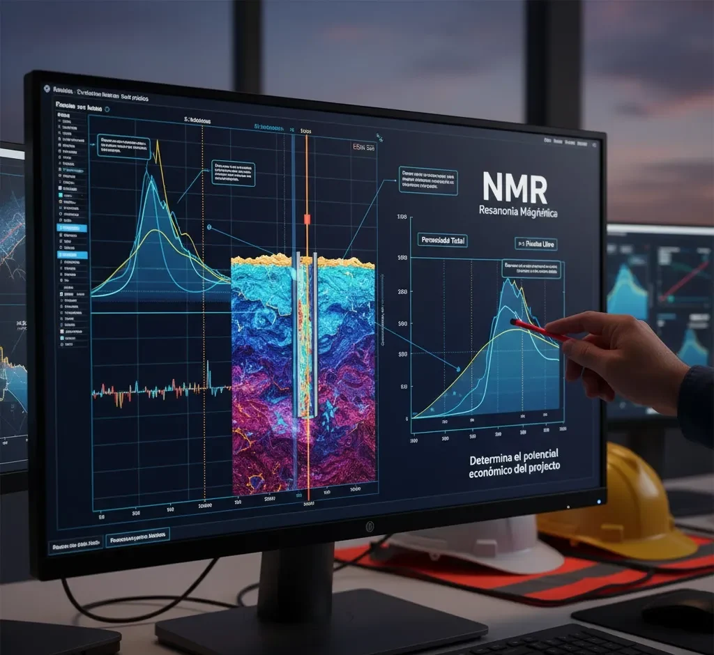Ilustración conceptual de una resonancia magnética (NMR) aplicada a un pozo geológico, mostrando datos de porosidad y fluidos subterráneos.