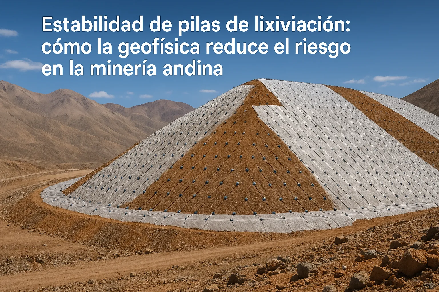 Ilustración sobre estabilidad de pilas de lixiviación y cómo la geofísica reduce riesgos en minería andina.