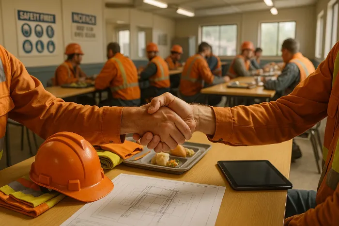 Trabajadores conviviendo en campamento minero y desarrollando habilidades blandas clave.