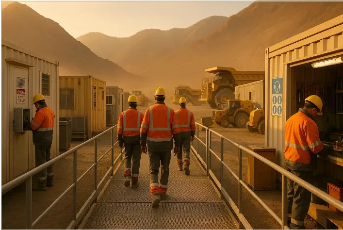 Técnicos trabajando en campamento minero, perfiles clave para el empleo minero en San Juan.