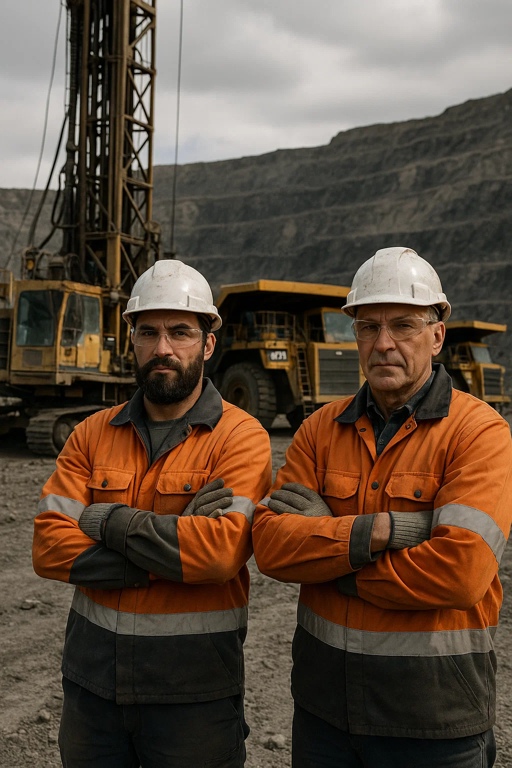 Operarios mineros en un sitio minero bajo un cielo despejado.