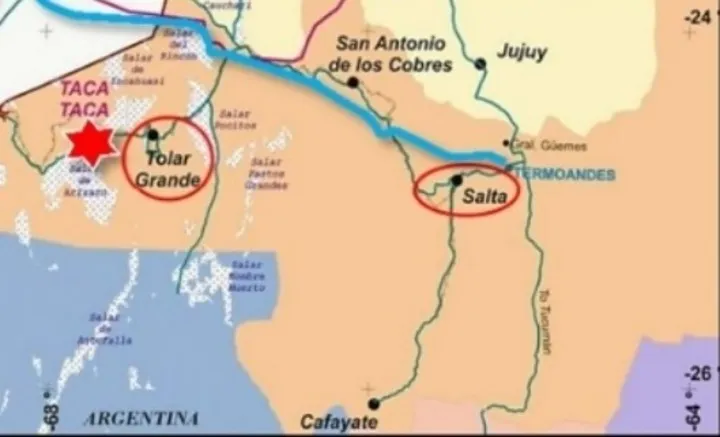 Mapa de la provincia de Salta, Argentina, con un punto resaltado que indica la ubicación geográfica del Proyecto Taca Taca.