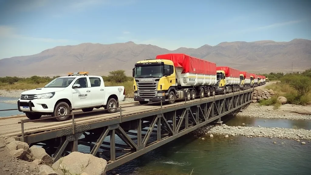 Un convoy de camiones de gran tamaño y una camioneta cruzando un puente, con un paisaje montañoso al fondo.