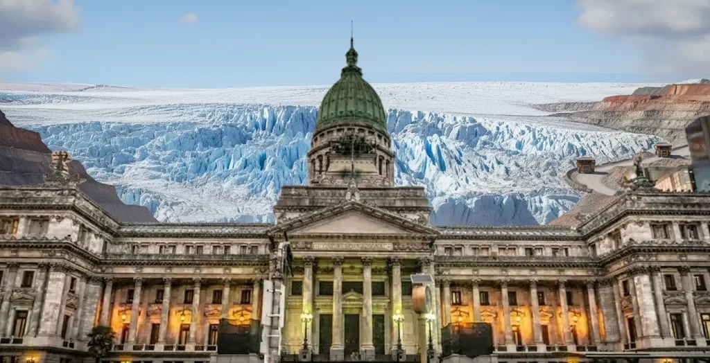 El edificio del Congreso de la Nación Argentina, con Glaciares detrás," superpuesto, simbolizando el debate legislativo