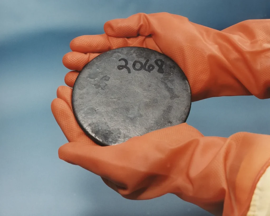 Una mano protegida sosteniendo una pieza de mineral de uranio en bruto, representando el potencial extractivo del Proyecto Ivana en Río Negro.