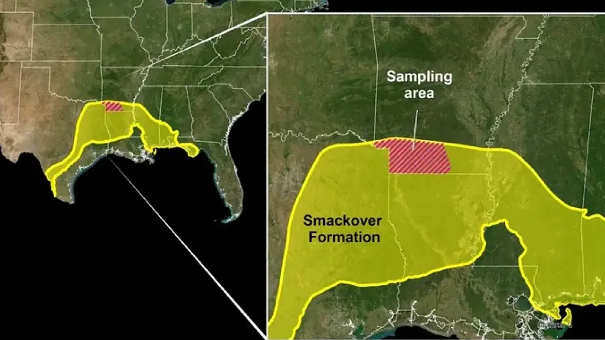 Mapa geológico que muestra la extensión de la Formación Smackover en el sur de Estados Unidos.